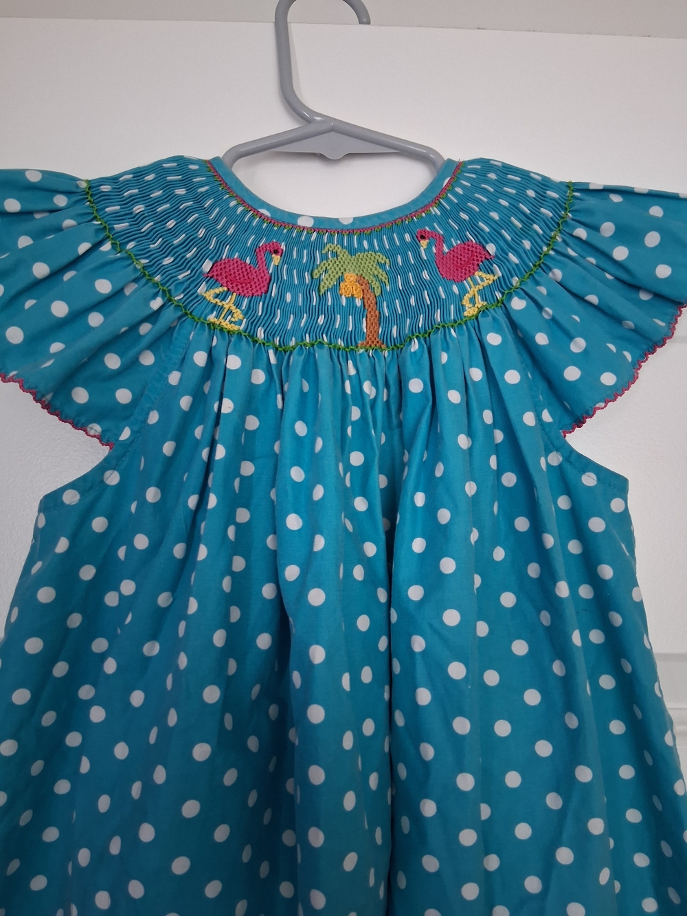 Smocked Polka Dot Size 5 Be Mine Sundress with Flamingo Embroidery